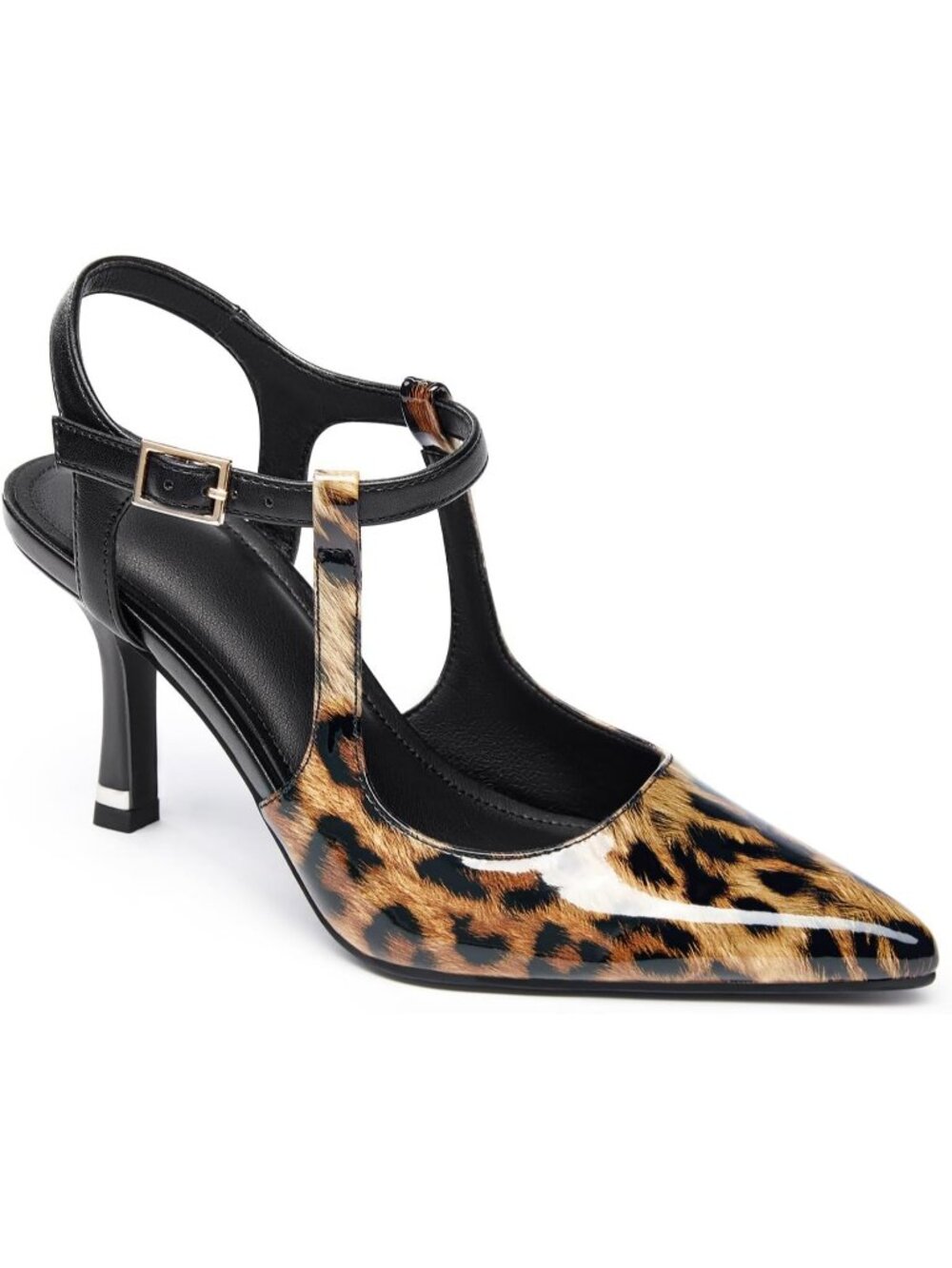 Women's Leopard High Heels Pointed Toe Ankle Strap Patent Leather Dress Shoes